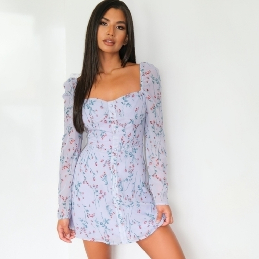 Missguided Floral Lilac Square Neckline Mini Dress Size 4 NWT - Picture 4 of 12